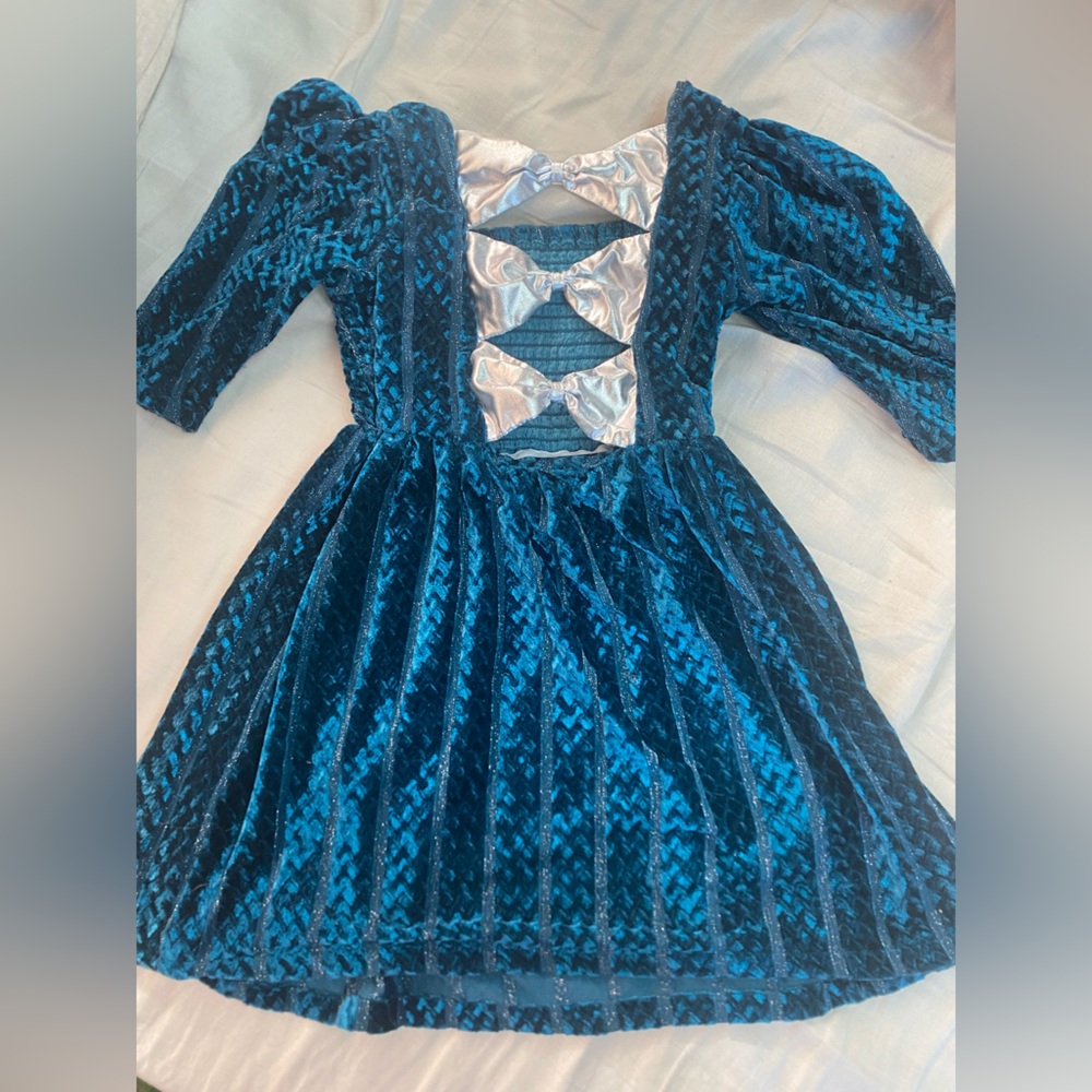 Blue Velvet Dress with Silver bows on back